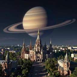 Beautiful alchemy cityscpae, a big saturn is in the sky. By Konstantin Razumov, highly detailded