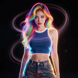 a award winning half body portrait of a beautiful woman with stunning eyes in a croptop and cargo pants with rainbow colored hair, outlined by whirling illuminated neon lines and fine lines swirling in circles by jesper ejsing, rhads, makoto, shinkai, lois van baarle, digital art, trending on artstation