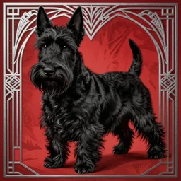 a completely black scottish terrier. red with a silver filigree background. masterful, detailed drawing. art deco