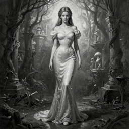 ultra realist soft painting of a single beautiful princess in a full long curvy slim dress, thin long auburn hair, very intricate details, volumetric black and white lighting, symmetry accurate anatomy features, world of Lovecraft background, unreal render