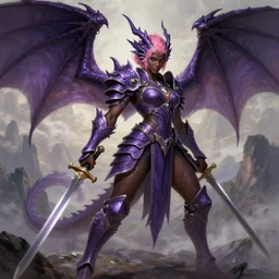 full portrait of a alluring dragon master, female, single character!!, intricate purple armor, dragon themed, ornamental, sprouting wings, dark brown skin, short pink hair, swords, battle pose, background filled with mountains, derriere pose, epic, highly detailed, extremely detailed face, high fantasy, digital painting, by artgerm and greg rutkowski and alphonse mucha, artstation