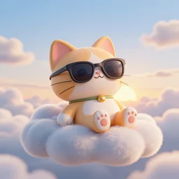3 d octane render of cute cat character wearing sunglasses relaxing on a cloud at sunrise