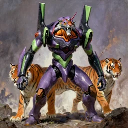 humanoid tiger combat mecha in the style of vasily vereshchagin and evangelion