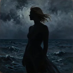 silhouette of Elle Fanning in the world of Andrew Wyeth, stormy weather, extremely detailed masterpiece, oil on canvas, low-key neon lighting, artstation, Blade Runner 2049, Roger Deakin’s cinematography, by J. C. Leyendecker and Peter Paul Rubens,