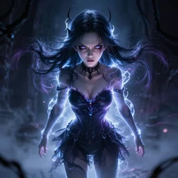photorealistic full body shot of masterpiece angry darkness anime girl, beautifull lovely eyes, electric aura with particles, darkness background, inspired by tim burton, detailed, unreal engine 4 k, volumetric light, fog