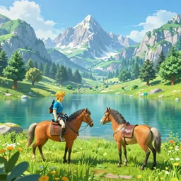 link from legend of zelda and epona by a photorealistic mountain lake, volumetric lighting, artstation, bushes, trees, long grass, flowers, ultra realistic, highly complex and intricate, extreme detail