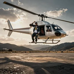 ape rapper hanging form a helicopter, super wide angle shot