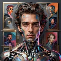 portrait of Himesh Patel as a cyborg. intricate abstract. intricate artwork. by Tooth Wu, wlop, beeple, dan mumford. mulholland drive by david lynch, dune by david lynch, blade runner 2049 by dennis villeneuve, patrick nagel, octane render, trending on artstation, greg rutkowski very coherent symmetrical artwork. cinematic, hyper realism, high detail, octane render, 8k, iridescent accents