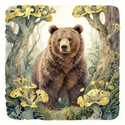 fae bear in the lichen woods. this watercolor and gold leaf work by the award - winning comic artist has a beautiful composition and intricate details.