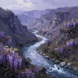 digital painting of a lush sinuous river valley by gerald brom. purple river. cold icy day. chiho aoshima. wisteria. digital render. detailed. beautiful landscape.