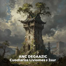 Painting of the abandoned wizard's tower with tree growing out of the former roof. Fantasy art.