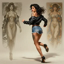 tattooed pinup sexy girl rashida jones wearing a jacket and ripped shorts running and dancing, character sheet, contrast, deep focus, turnaround, highly detailed, dramatic lighting, rear view, ultra wide angle, digital painting, artstation, concept art, matte, sharp focus, illustration, elegant, art by artgerm and greg rutkowski and alphonse mucha.