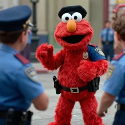 film still of elmo as a rough looking cop on the beat trying to take down the bad guys