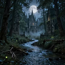stunning river in the forest with neogothic forest on either sides, cyberpunk evening color scheme, hyperdetailed twigs and plants, moonlit nightscape, bioluminiscent fireflies, layered fog, moody lighting, photorealistic digital arts, artstation HD, 8K