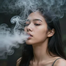 a beautiful philippine woman breathing out incredible thick smoke covering her face, thought provoking, matte colors, very very very dramatic lighting, abstract and inspiring digital art trending on artstation