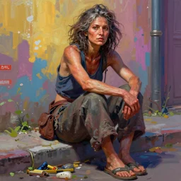 vibrant tetrad colours, painted whole body image of rugged homeless woman begging in the street by ruan jia greg rutkowski, unkempt hair, clear face muscular feminine female mature powerful sensual beautiful hobo homeless fantasy intricate elegant detailed digital painting, concept art artstation sharp focus illustration