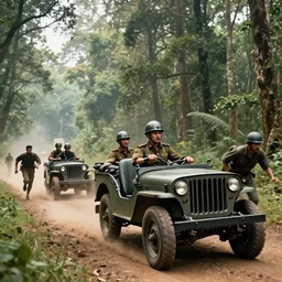 british officers riding willys jeep, in kerala forest road in 1921, chasing a culprit, action scene, an epic fantasy, dramatic lighting, cinematic, establishing shot, extremely high detail, photorealistic, cinematic lighting, matte painting, artstation, by simon stalenhag, horizon forbideen west