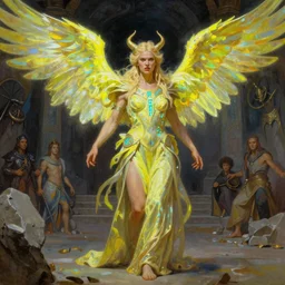 An oil painting of the beautiful Valkyrie viking goddess of war, very aesthetic, blonde, detailed face, neon-yellow-holographic wings, by Frank Frazetta, Greg Rutkowski, Boris Vallejo, Neal Hanson, Christian MacNevin, epic fantasy character art, goddess of anger, teal-neon viking runes, high fantasy, full length, exquisite detail, post-processing, low angle, masterpiece, cinematic, odin's stone arena background