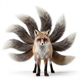 grizzled kitsune nine-tailed fox, studio photography, full body, standing, isolated on a pure white background, centered, whole figure in frame, sharp focus, studio lighting