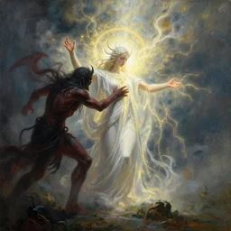 there stands a benevolent celestial being in the midst of a horizontal scene. evil and badness attack the celestial being from one side, but from his other side emerges light and life. the celestial being is a conduit. light and life emanate from the celestial being. | painting