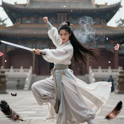 A comic book style portrait painting of a gorgeous sword dance Chinese costume woman , long hair, smoke, feathers flying, flowers rain everywhere, full body XIANXIA, Chinese temple, depth of field, 4k