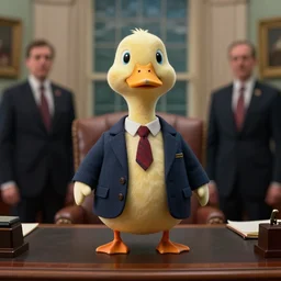 hyperrealistic mixed media image of a illustrious duck in a tiny blazer and tie standing in the desk in the oval office, stunning 3 d render inspired art by istvan sandorfi and greg rutkowski, perfect facial symmetry, realistic, highly detailed attributes and atmosphere, dim volumetric cinematic lighting, 8 k octane extremely hyper - detailed render, post - processing, masterpiece,
