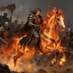 ainz ooal gown leading his undead army to battle riding a flaming horse, undead soldiers in background, highly detailed, deep focus, elegant, artstation, digital painting, smooth, sharp focus, illustration, ultra realistic, 8 k, art by artgerm and greg rutkowski and alphonse mucha