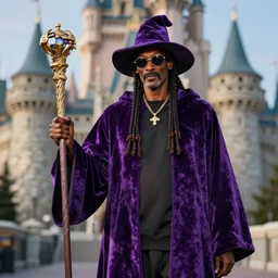 photo of snoop dogg as a wizard, holding a magical staff and purple velvet robe with hat, standing in front of a castle, highly detailed, extremely high quality, hd, 4 k, 8 k, professional photographer, 4 0 mp, lifelike, top - rated, award winning, realistic, detailed lighting, detailed shadows, sharp, no blur, edited, corrected, trending