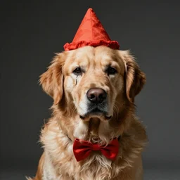 A still of a sad golden retriever dressed as a clown, 4K, dramatic lighting