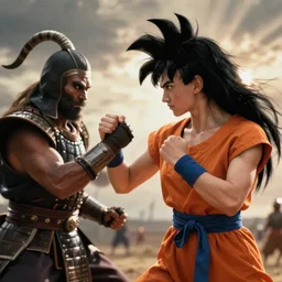 Black-haired Saiyan fistfighting Klingon warrior, Klingon fight, live action, 1970s cinematic