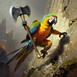 Barbarian macaw holding a giant axe, stepping through a fantasy wall, frank frazetta painting, 8k