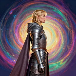 side profile portrait, medium shot, imogen poots, cleric, armour, gloomhaven, colorful swirly magic ripples, synthwave colours, by greg manchess, huang guangjian, lois van baarle, sachin teng, greg rutkowski, jesper ejsing, ilya kuvshinov