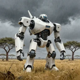 giant white and black metal robot wildlife, african plains, long grass, futuristic robot organisms, digital matt painting, fantasy art, another world, acacia trees, dramatic lighting, heavy rain