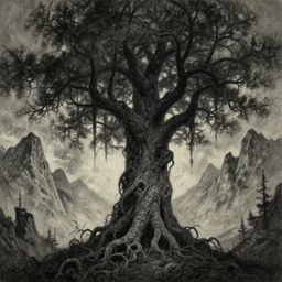 close up portrait of a monster tree in the scary mountains of hell, oil painting by tomasz jedruszek and nicolas delort, cinematic lighting, pen and ink, intricate line, hd, 4 k, million of likes, trending on artstation