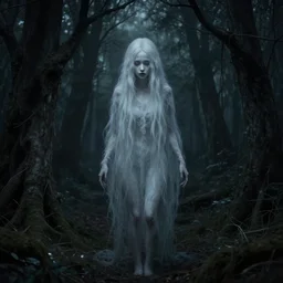 pale ghost girl, kaitlyn dever, haunted forest, by gaston bussiere, by jean deville