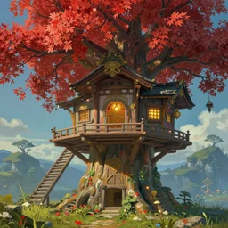 a beautiful painting of detailed japanese treehouse shrine, breath of the wild, hyrule, inspired by cyril rolando, david wiesner, ornate, intricate, emitting light ornaments, volumetric lighting, cgsociety, alizarin red, brick red