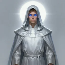 character concept portrait, centralized, matt bomer as a cleric in silver robes, shirt, dress, hood, glowing blue eyes, white holy aura, style digital painting, concept art, smooth, sharp focus, illustration, from metal gear, by ruan jia and mandy jurgens and william - adolphe bouguereau, artgerm