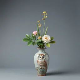 an owl ikebana vase, japanese ikebana flower arrangement, summer, flowers in a vase, owl motif, glazed clay, traditional japanese pottery, zen,