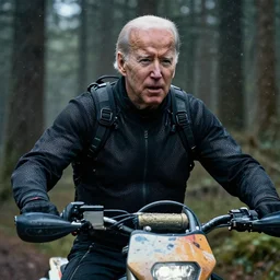cinestill 5 0 d candid photographic portrait by steven spielberg of joe biden wearing rugged black mesh techwear on a dirtbike through a deep forest, extreme closeup, modern cyberpunk moody emotional cinematic, snow storm, 8 k, hd, high resolution, 3 5 mm, f / 3 2, ultra realistic faces, ex machina