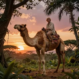 award winning cinematic still of a camel standing in a jungle, colorful sunset, epic, cinematic lighting, dramatic angle, heartwarming drama directed by steven spielberg