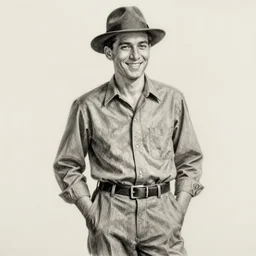 confident, smiling 1 9 2 0 s man in full figure with his hands in his pockets. dark hair, hat, shirt. fashion. detailed, talented pencil drawing