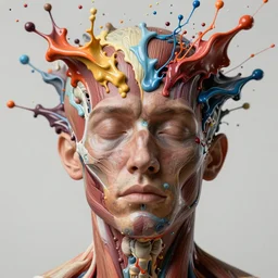 still shot close up footage of the portrait of a human head explodes and disintegrates into acrylic pour and splashing paint, motion blur, hyperrealistic, medical, intricate art photography, anatomically correct, realistic crisp textures, 1 6 k