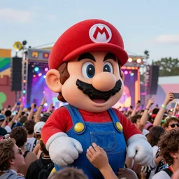 Super Mario Brothers as Daft Punk headlining an EDM festival in Sweden, 2004, outdoor rave, crowd shot
