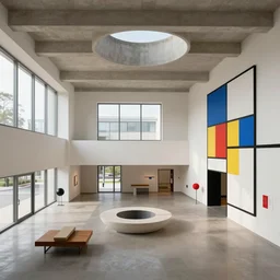 a beautiful 3 5 mm photograph of the interior of a museum designed by eero saarinen and piet mondrian, octane render, hyper realistic