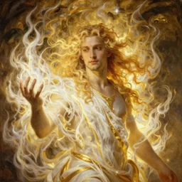 Lucius as a demigod of scintillating radiance, long fluffy blond curly hair, wreathed in magnificent white-gold flames, oil on canvas, golden hour, artstation, by J. C. Leyendecker and Peter Paul Rubens