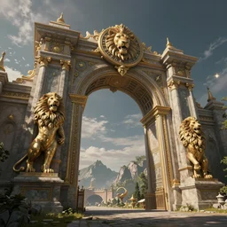 an ultra realistic fantasy art of the astrological lion's gate portal, epic scale ultrawide angle, 3D  rendered, Vray rendered, octane render, unreal engine