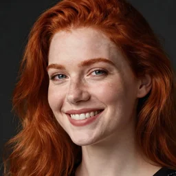 a smiling woman, detailed face, redhead, by greg rutkowski, mandy jurgens