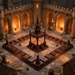 at the square of a medieval french village made from chocolate a well in the center, arches, orange light, highly detailed, cinematic lighting, render, fantasy