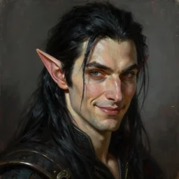 portrait of an elf thief with long black hair, elven character with smirk, detailed realism face in painting, detailed beautiful portrait, oil painting masterpiece, fantasy artwork, 8 k resolution, smooth, sharp focus, trending on artstation, by rembrandt, by greg rutkowski, by james jean