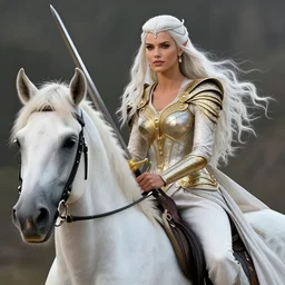 a fantast beauty detailed adriana lima as galadriel riding a white horse, with a curved sword, platinum white wavy long hair, white headband in the front with diamonds, jewelry body armor in golden and silver colors, pointy ears, detailed, epic masterpiece of cinematographic hyperrealism, realistic shaded lighting poster by craig mallismo, artgerm, jeremy lipkin and michael garmash